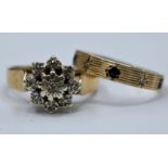 A 9ct gold diamond and sapphire ring, size O, along with a 9ct flower head diamond chip ring,