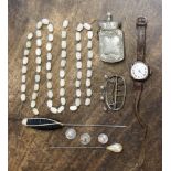 A 1920s ladies silver cased wrist watch , an Edwardian vesta case, mother of pearl beads,