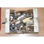 A box containing a collection of silver plated flatware, comprising tea spoons, table spoons,