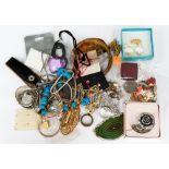 A collection of brooches, rings, badges, etc,
