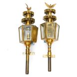 A pair of French carriage lamps, fillial is a spread eagle, electric fitments,