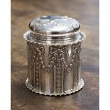 A silver trinket/powder pot and cover with down powder puff,