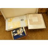 A 1930/40s box containing sewing thread etc a box containing a lace doily,