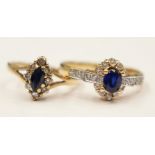 An 18ct gold ring with white and blue stones, size R along with a 9ct gold,