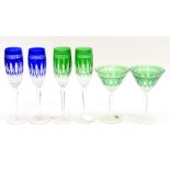 Two pairs of Waterford Clarendon flute glasses, in emerald and cobalt,