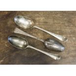 Three George III silver dessert spoons London, 1771 possibly the hallmarks rubbed approx 6.