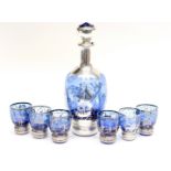 Blue glass decanter and six glasses, Venetian,