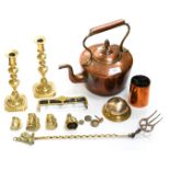 A 19th Century copper kettle, pair of 19th Century brass candlesticks, hall bell, toasting fork,