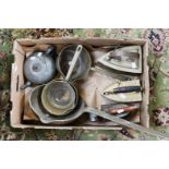 Brass 19th century saucepans and a long handled, saucepan, an Omega spirit iron and timer,