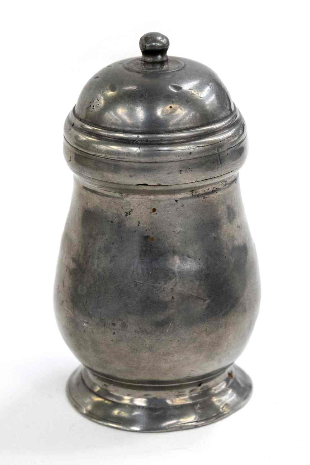 A baluster shaped pewter spice pot with screw on lid,