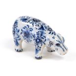 A 19th Century tin glazed earthenware blue and white animal, possibly Dutch,