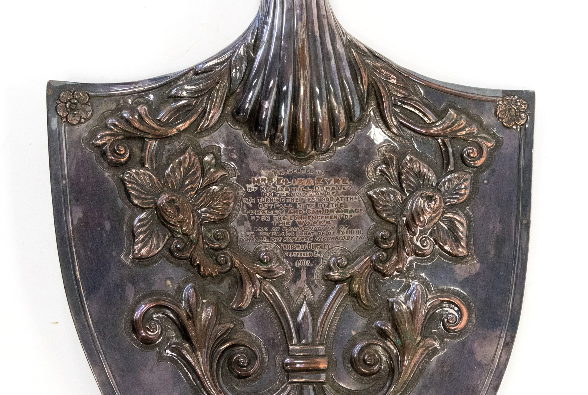 An Edwardian ceremonial spade, silver plated shovel end, embossed and engraved with inscription, - Image 2 of 2