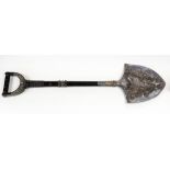 An Edwardian ceremonial spade, silver plated shovel end, embossed and engraved with inscription,