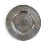 A reeded broad rimmed pewter plate with hallmarks and touch mark of Nicholas Kelk of London (fl.