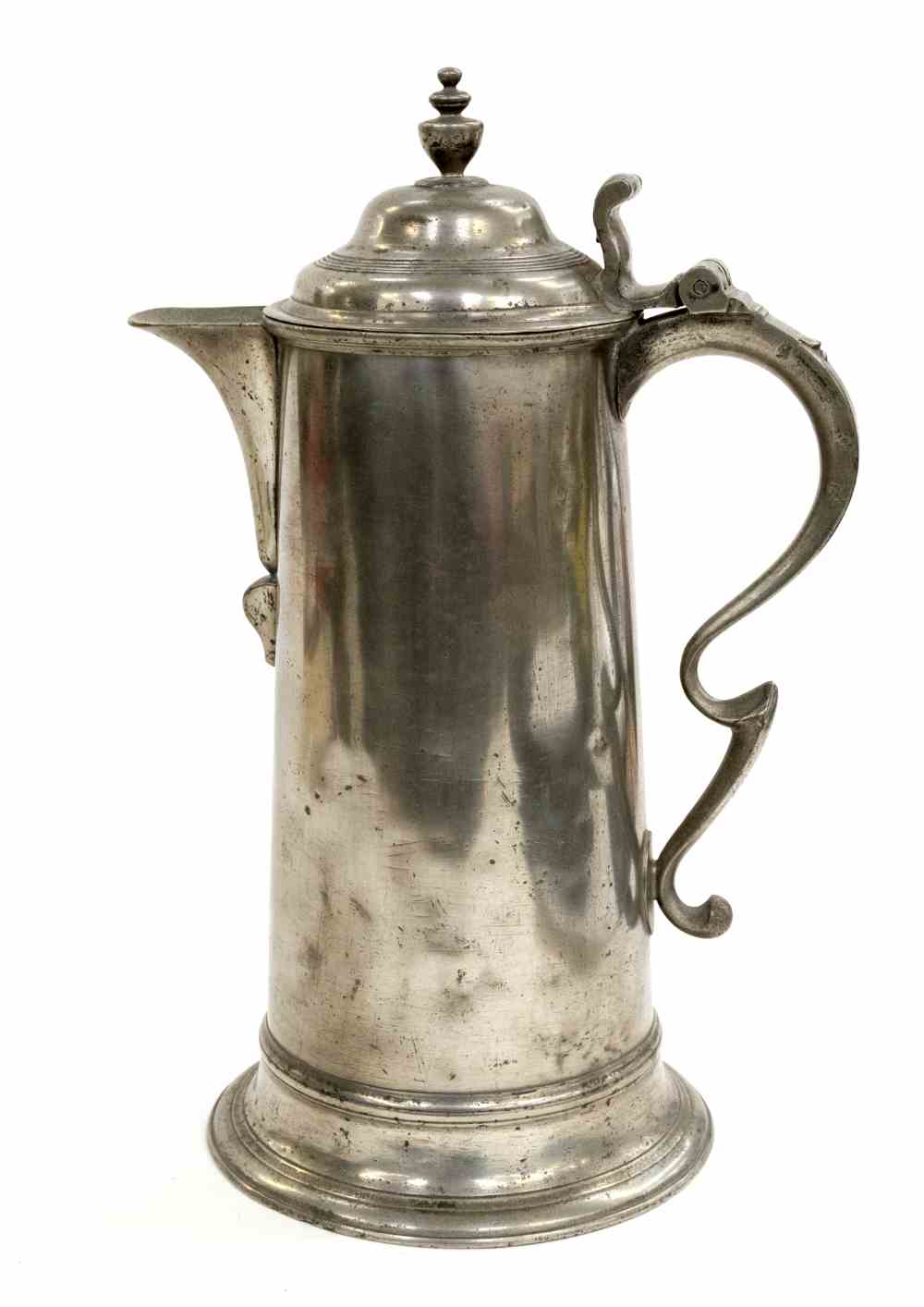 A late 18th Century London made pewter spire flagon, 13 1/4 inch,