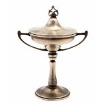 An Arts and Crafts style silver covered chalice, twin handled with fretted finial, Walker and Hall,