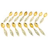 A Michelsen, fifteen Norwegian silver gilt and enamelled spoons, Zieler July 1970,