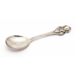 A large Danish silver serving spoon, with pierced stylised iris finial, W & S Sorensen, 23cm long,