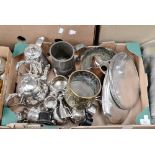 A collection of silver plate and metal ware including four piece tea set, trophies,
