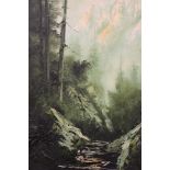 A modernist view of Swiss Alps through woodland with applied foliage, signed Y.