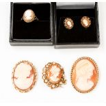 Three gold metal mounted cameo brooches, one with a pearl edge, along with a 9ct gold cameo ring,