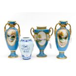 Three Noritake vases including blue and white