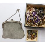 A collection of costume jewellery in a box, an Art Deco enameled & marcasite brooch, marked 'Plat',
