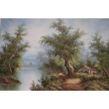 A circa 1970s oil on canvas river/tree scene,