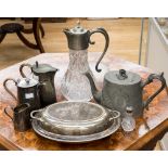 A selection of silver plated items to include, two dishes, three jugs, one glass lidded claret jug,