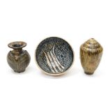 Three studio pottery vessels, including Scandinavian bowl, copper luster vase and another vase,