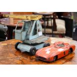 German tin plate toy racing car and crane