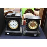 Two black marble mantle clocks including Swinden and Sons Paris clock with etched flower detailing