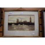 A monochrome with yellow tints of 'Westminster Bridge' signed R.M.