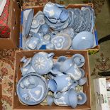 Two boxes of Wedgwood Jasperware, blue, green, pink and turquoise, including plates cups/saucers,