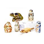 Six Royal Crown Derby paperweights, comprising:Chameleon, Duck Billed Platypus, Money and Baby,