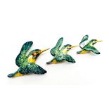 Three Beswick flying kingfishers , hand painted, signed to bases, impressed '729-1', '729-2',