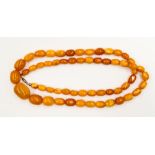 An amber bead necklace, graduating oval beads, 30 mm to 12 mm on barrel clasp,