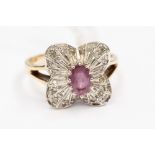 A pink sapphire and diamond fancy cluster 9ct yellow gold and white gold set ring,