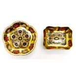 Two Royal Crown Derby 1128 Imari pattern trinket dishes, in the solid gold band pattern,
