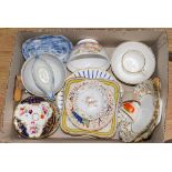 A box of assorted ceramics including Derby, Hilditch, Spode,