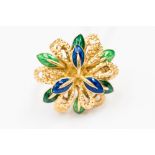 A blue and green enamelled 18ct yellow gold flower head ring size H 1/2, wieght approx 10.