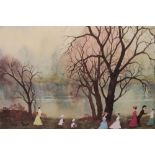 After Helen Bradley, a colour print of figures by a lake, printed signature, blind stamp, 40.