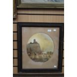 An early 20th Century overpainted stipple print depicting fisherman at shore