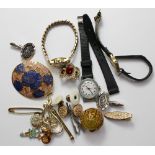 Costume jewellery, cuff links and tie clips etc, together with three ladies wristwatches Swissan,