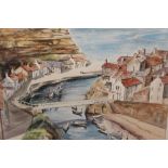 An English Fishing Village Scene', pen and ink with colour wash signed J.A.