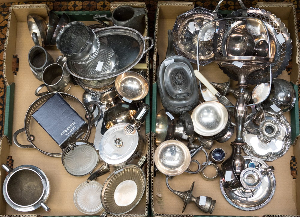 Two boxes of plated wares to include chambersticks, tea wares, Sheffield plate,