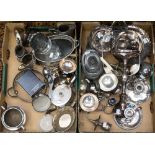 Two boxes of plated wares to include chambersticks, tea wares, Sheffield plate,
