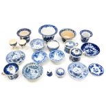 18th century blue/white ceramics pearlware mustard pot, cups and saucers etc,