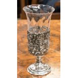 A glass celery vase in a silver pierced sleeve, London 1898,