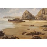 Dipnall, Bedruthan, rugged coastal landscape with figures walking in the distance, oil on canvas,